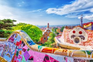 Barcelona, Spain. Gorgeous colorful view of Park Guell – the creation of great architect Antonio Gaudi. UNESCO world heritage site.