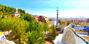 The Famous Summer Park Guell over bright blue sky