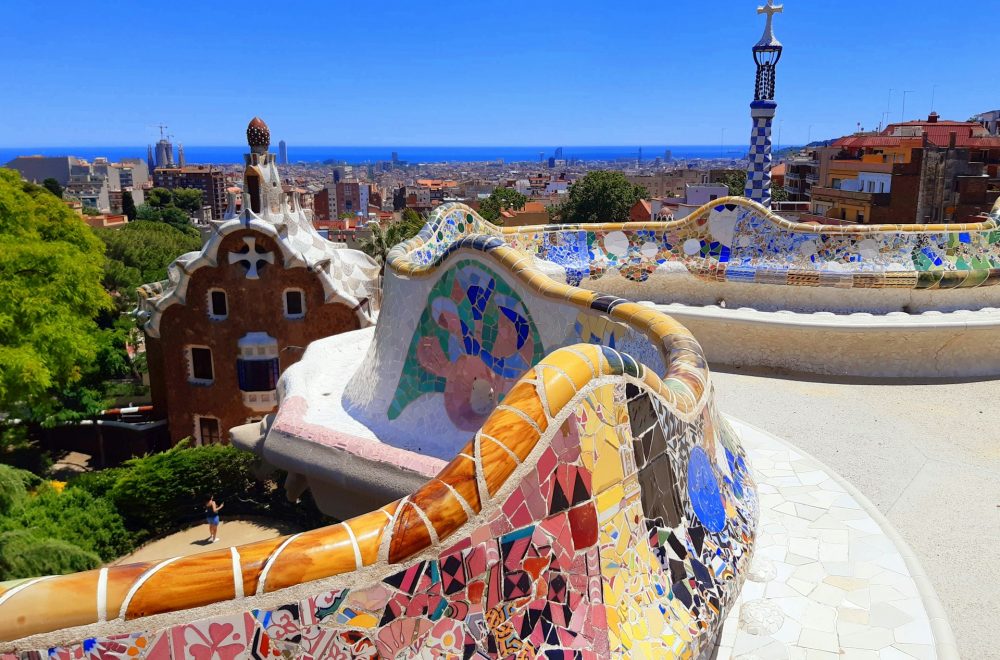 Benches in Park Güell on summer day