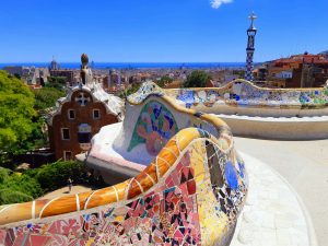 Benches in Park Güell on summer day