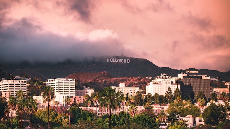 Hollywood Sign in LA with pink sky