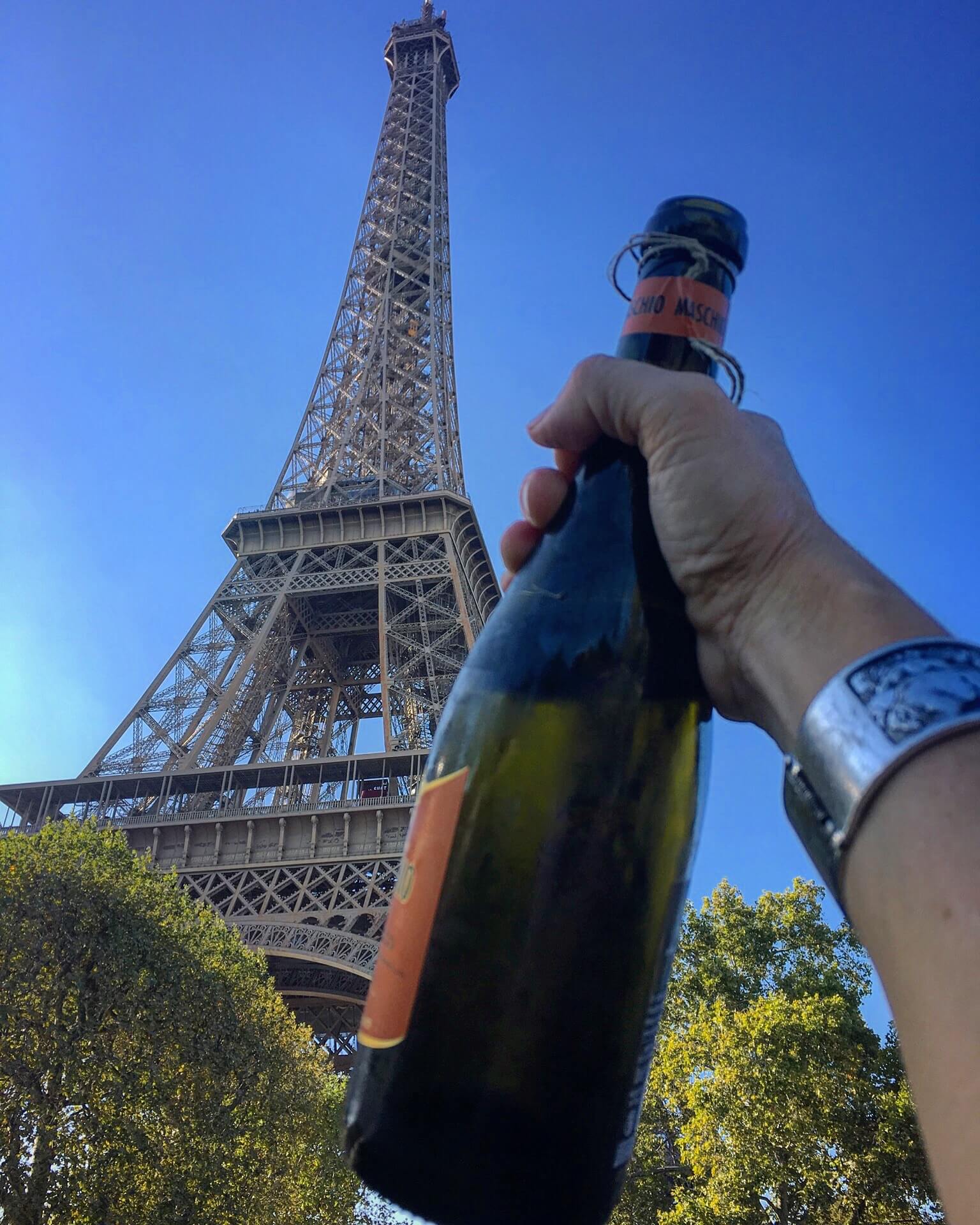 Holding up a Champagne bottle with the Eiffel Tower and blue sky