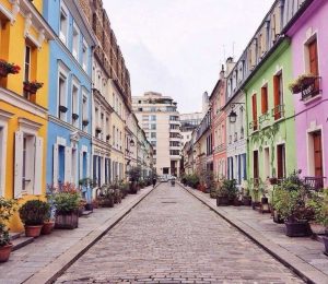 cobblestone street and colorful buildings