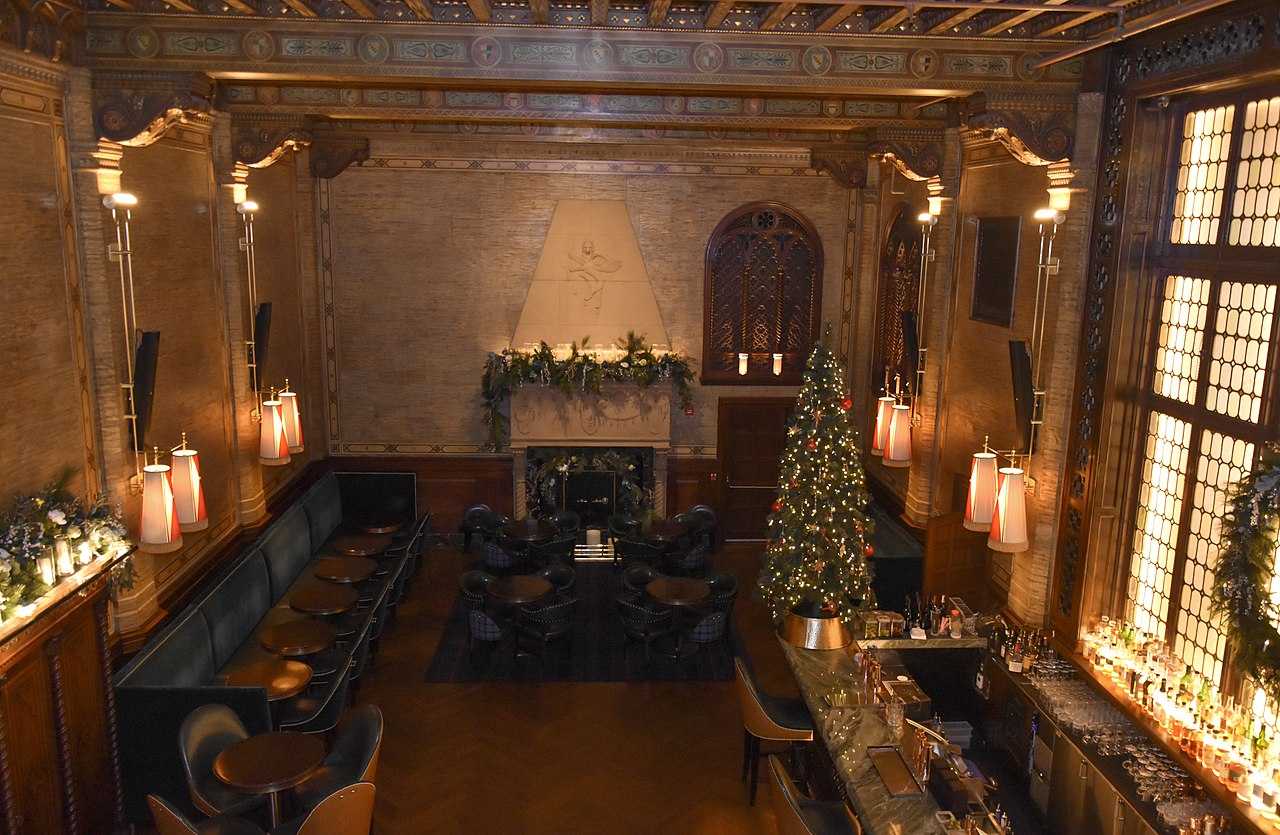 Inside of a bar with christmas tree