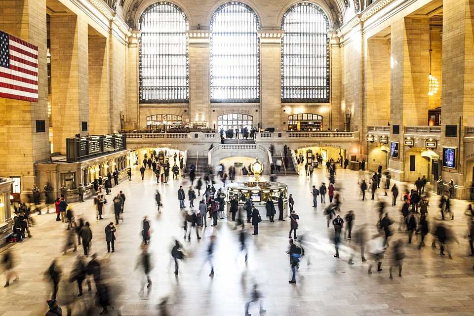 Train station with people walking