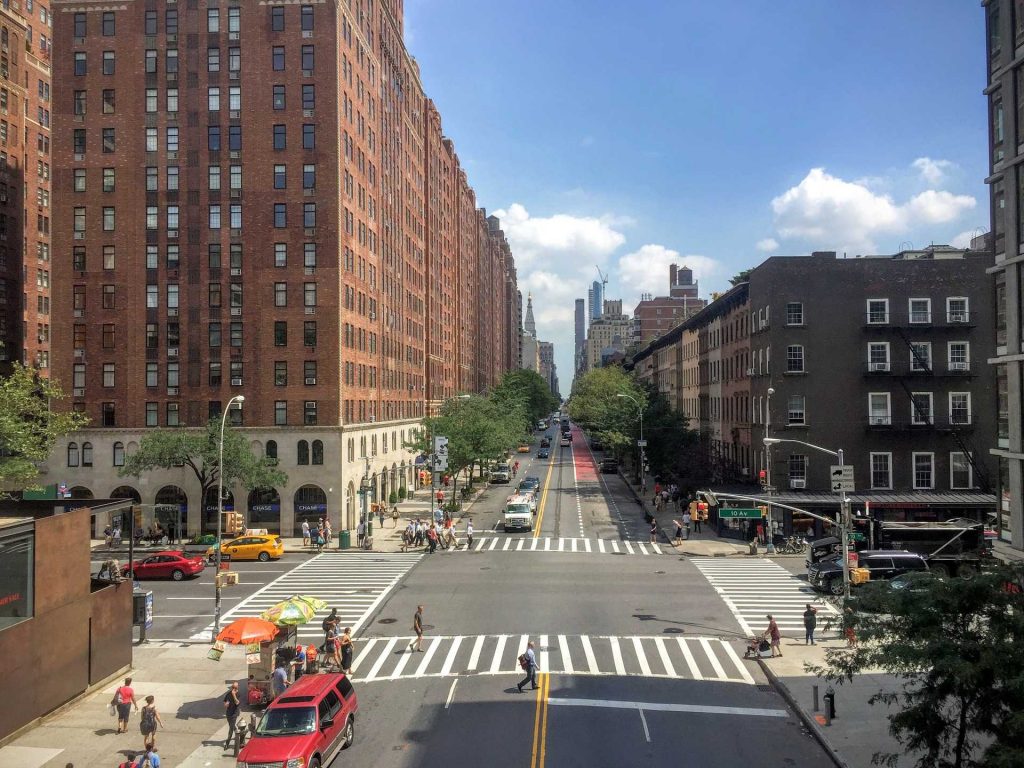 Apartment buildings in New York with skyline in background