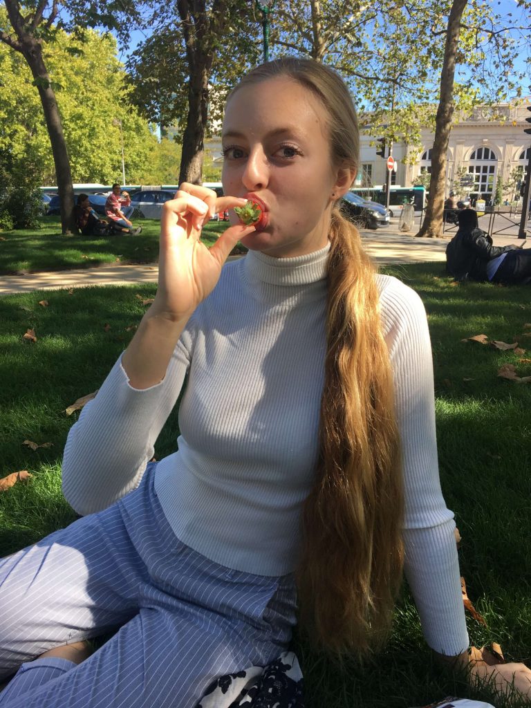 Lovely girl enjoying a picnic in the grass in Paris