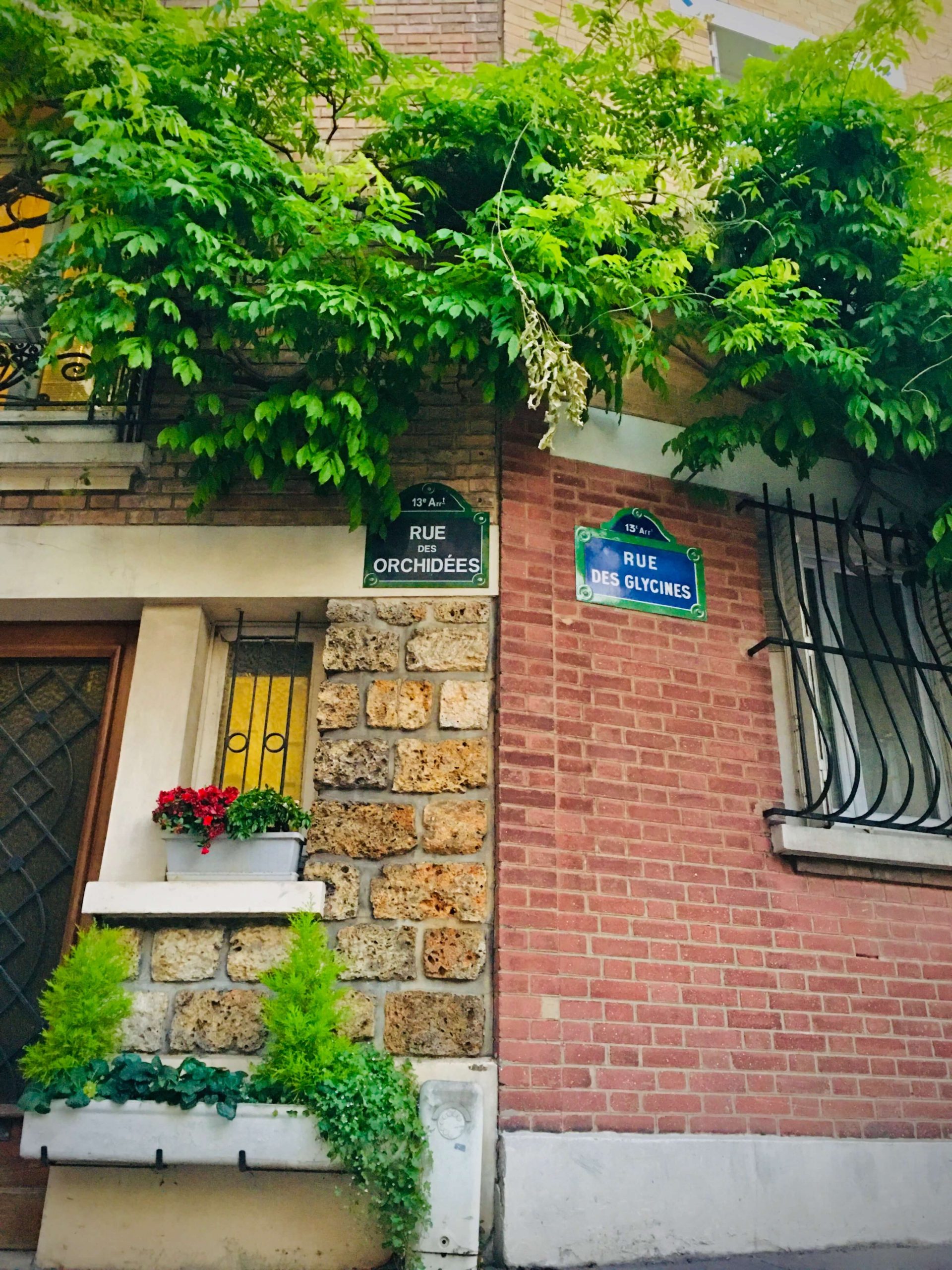 The corner of a stone house meets with the corner of a brick house. Two blue Parisian street signs say Rue des Orchidees and Rue des Glycines.