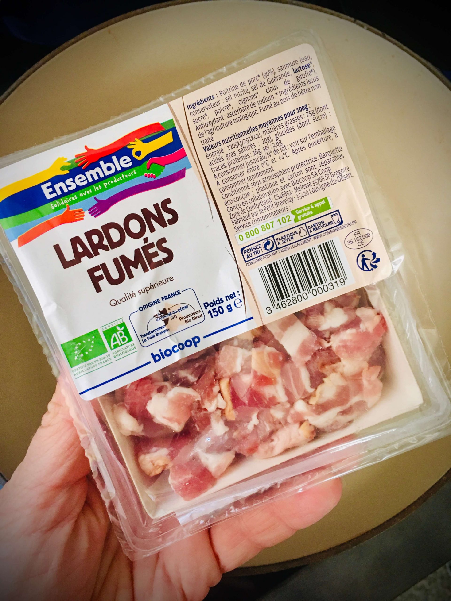 A container of lardons fumes
