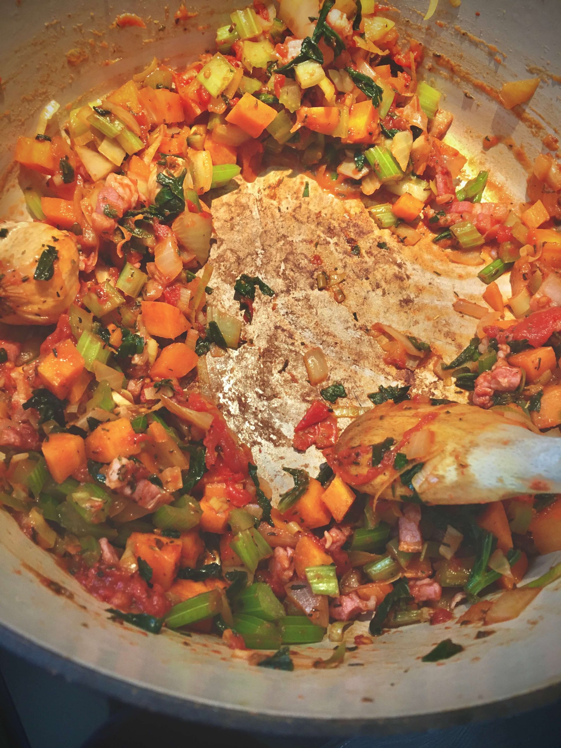 Vegetables caramelizing in a pan