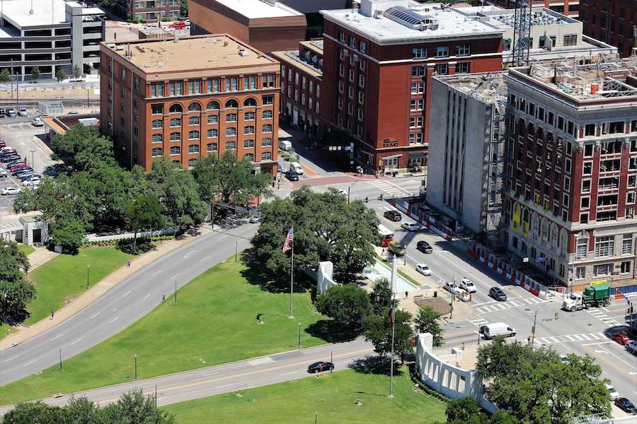 An aerial view of Dealey Plaza in Dallas seen from Reunion Tower