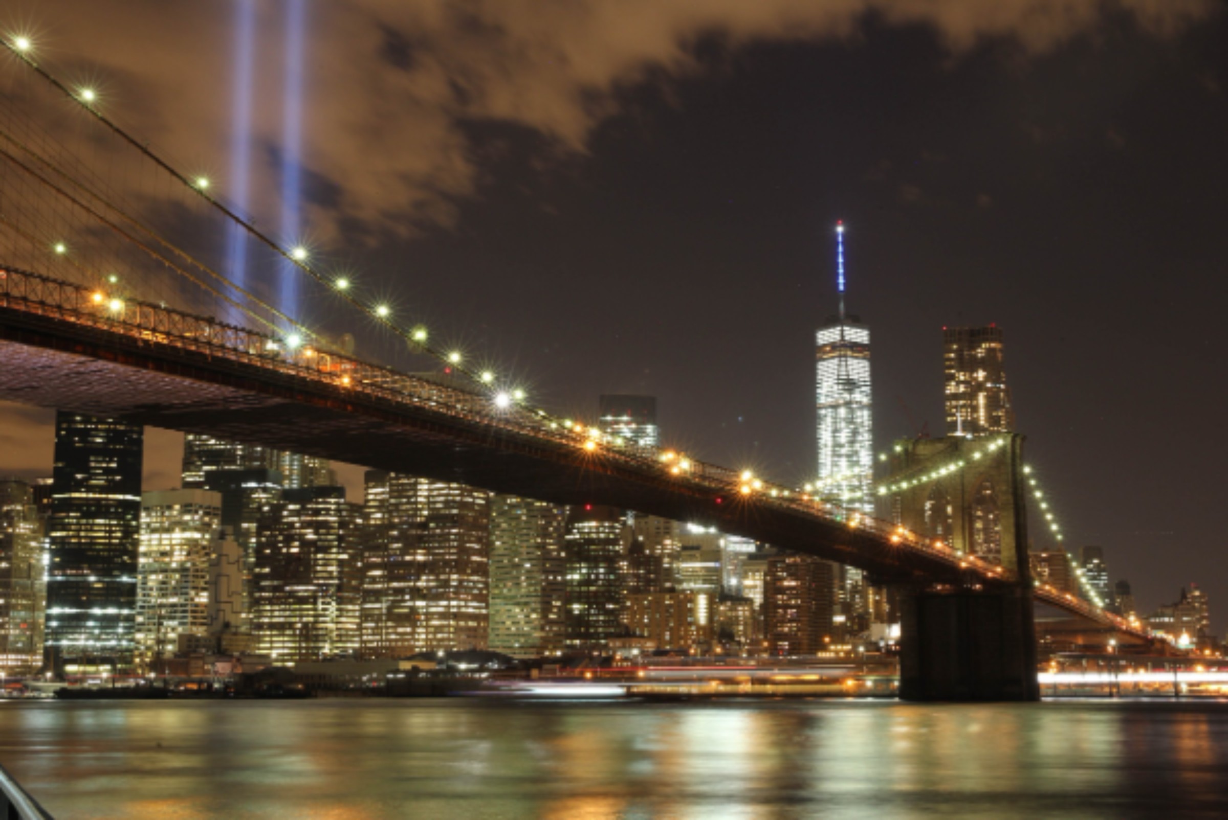 The Brooklyn Bridge at night in New York City