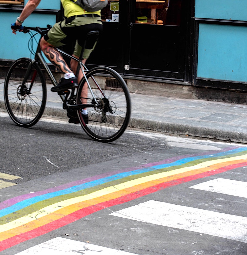 LGBTQ Pride Rainbow on Crosswalks in Marais neighborhood Paris