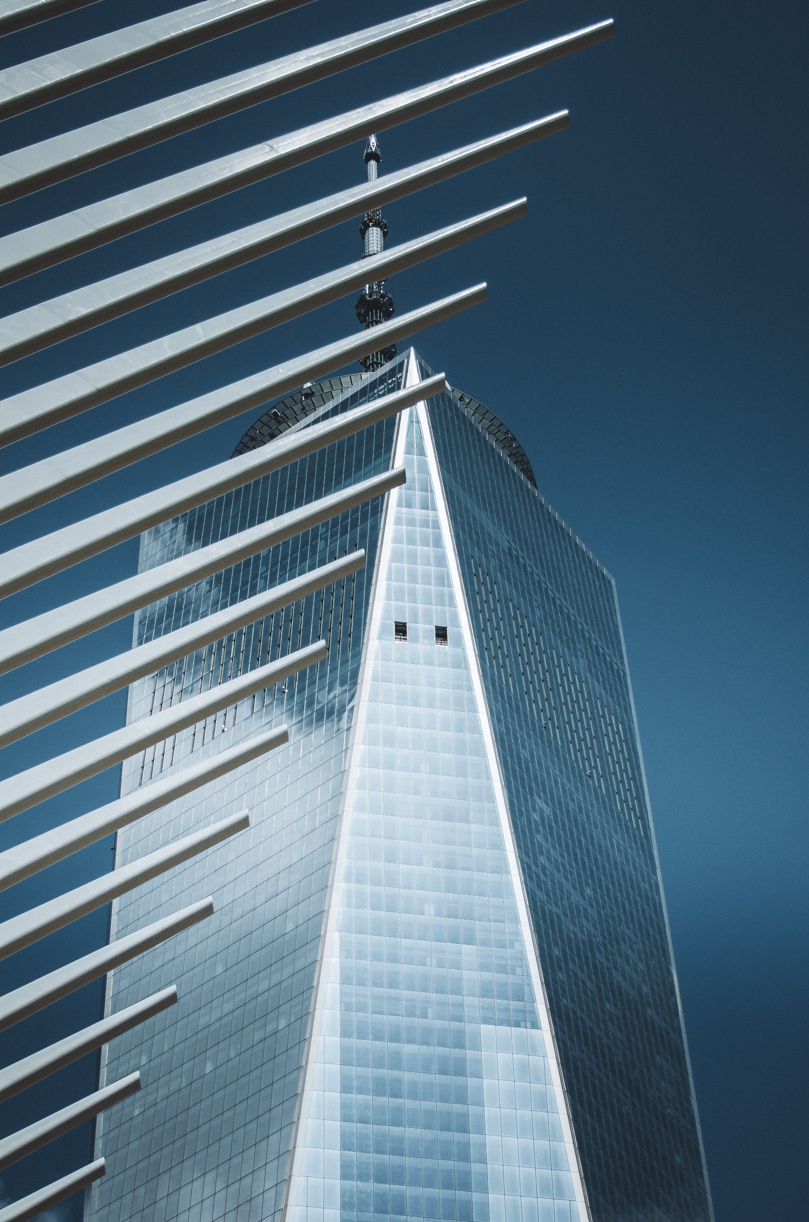 Freedom Tower in New York City seen through the spikes on the Oculus