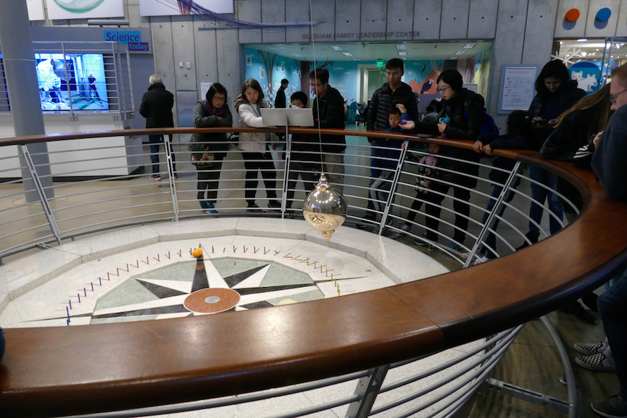 Foucault's pendulum demonstrates the earth's rotation at the California Academy of Sciences