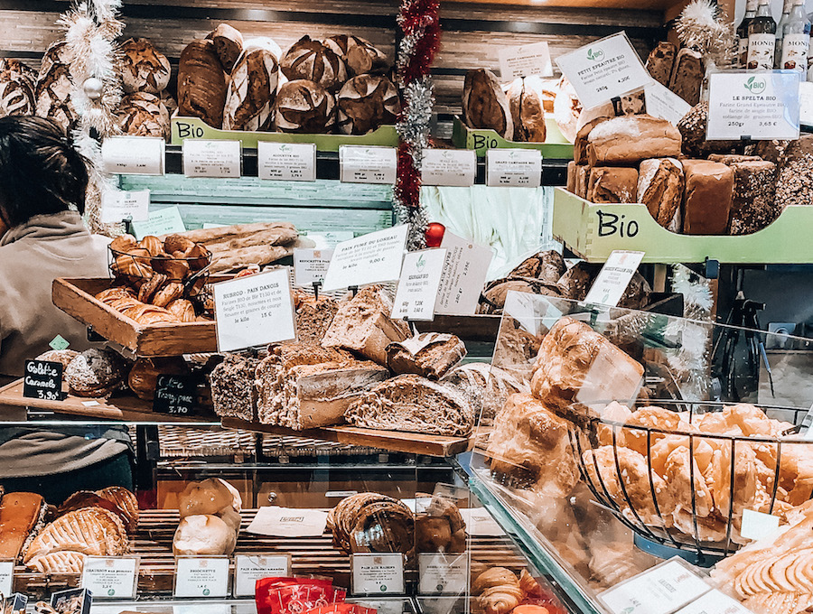 Fresh pastries on display at a patisserie in the Latin Quarter