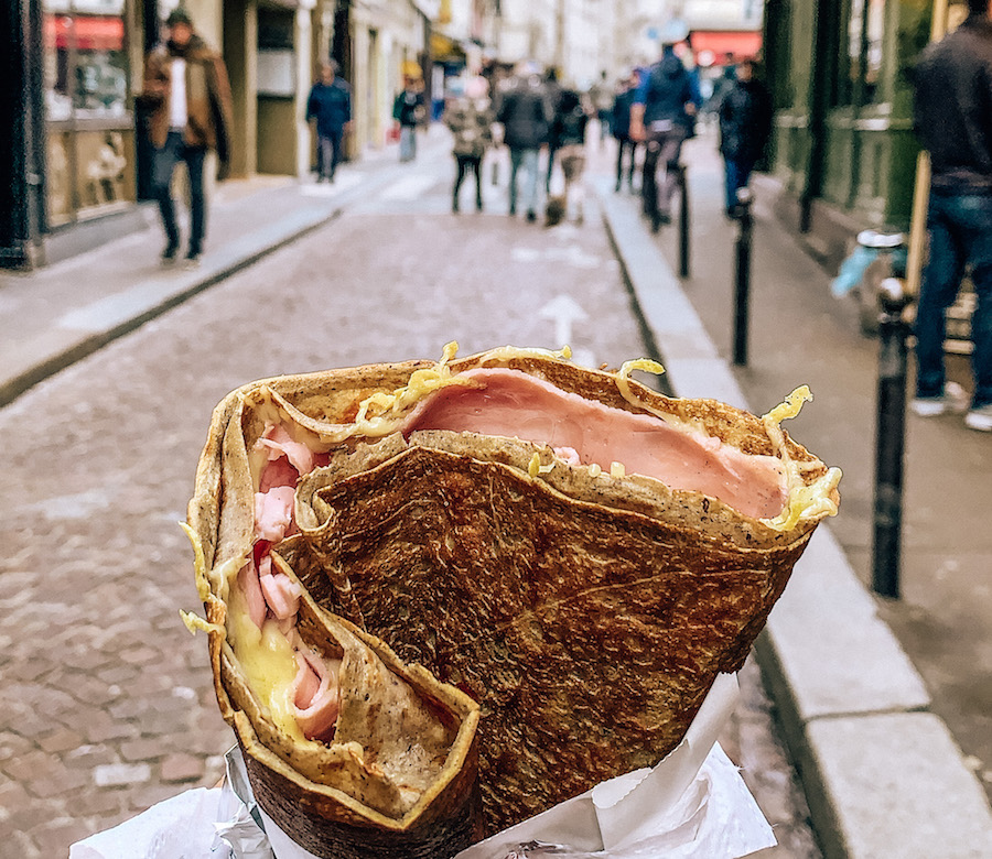 Ham and cheese crêpe on Rue Mouffetard in the lively Latin Quarter