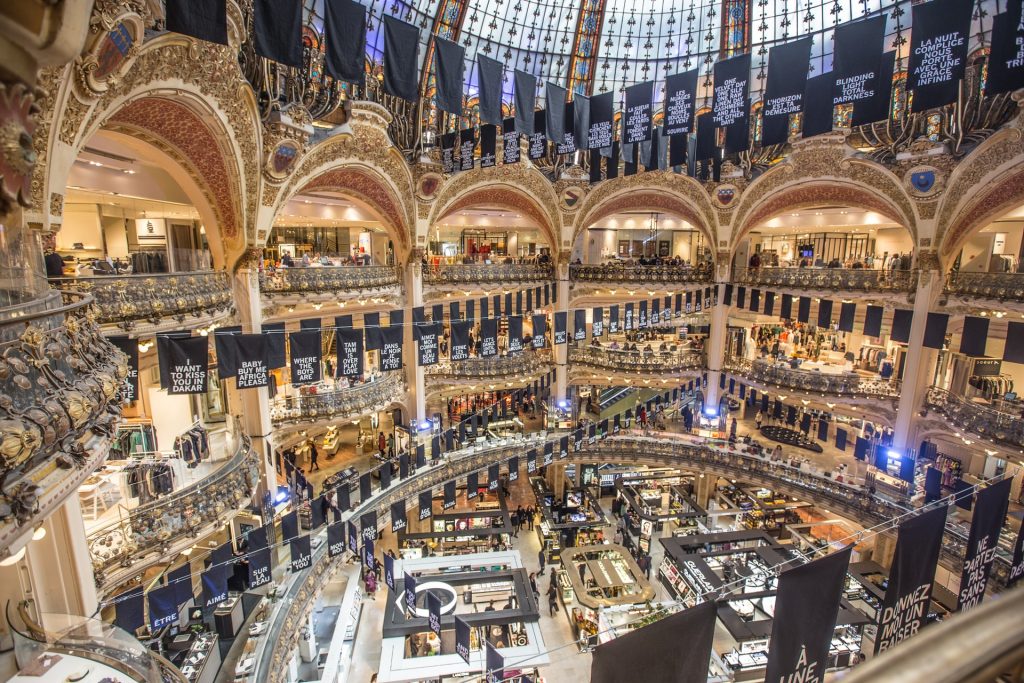 Interior of Galeries Lafayette shown floor by floor