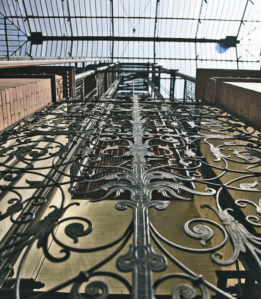 Looking up at the ceiling of the Bradbury Building in Los Angeles