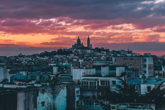 Paris on a hill as shown with Montmartre at dusk