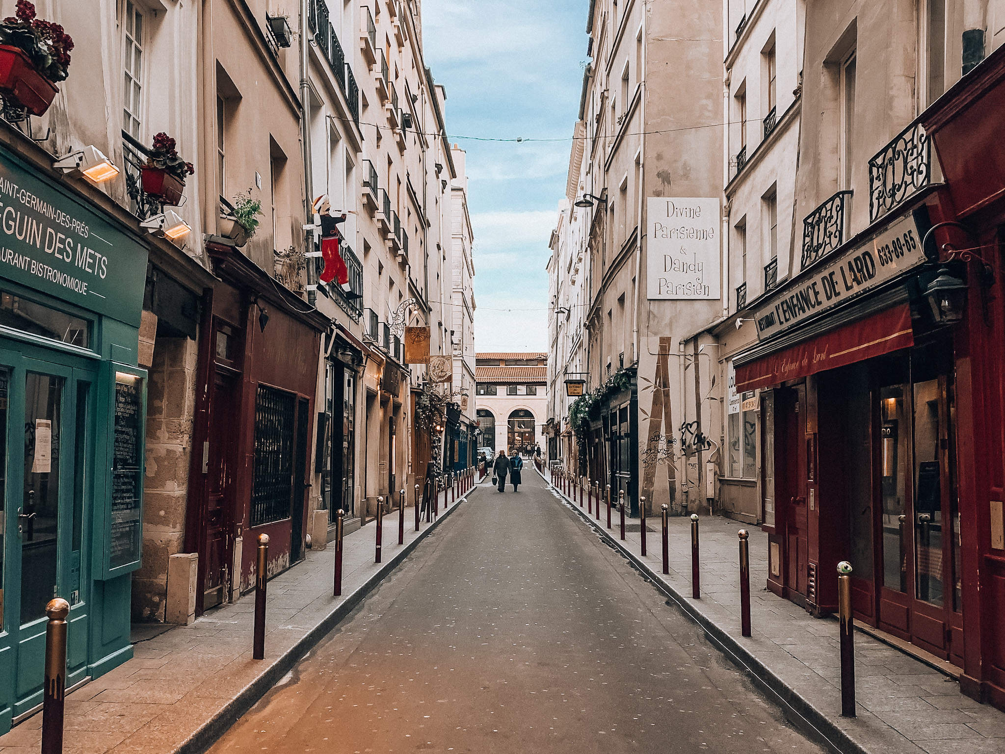 Quaint and quiet streets of Saint-Germain-des-Prés around Christmas time