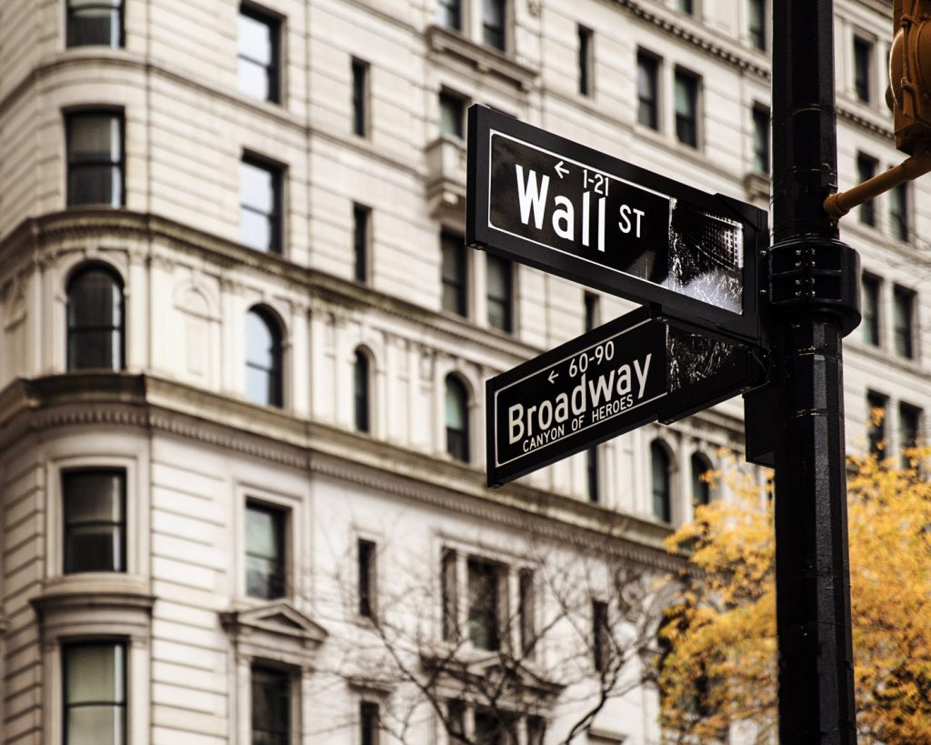 The intersection of Wall and Broadway downtown