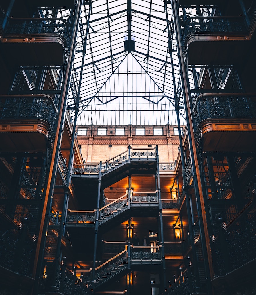 Bradbury Building interior with several floors and staircases shown