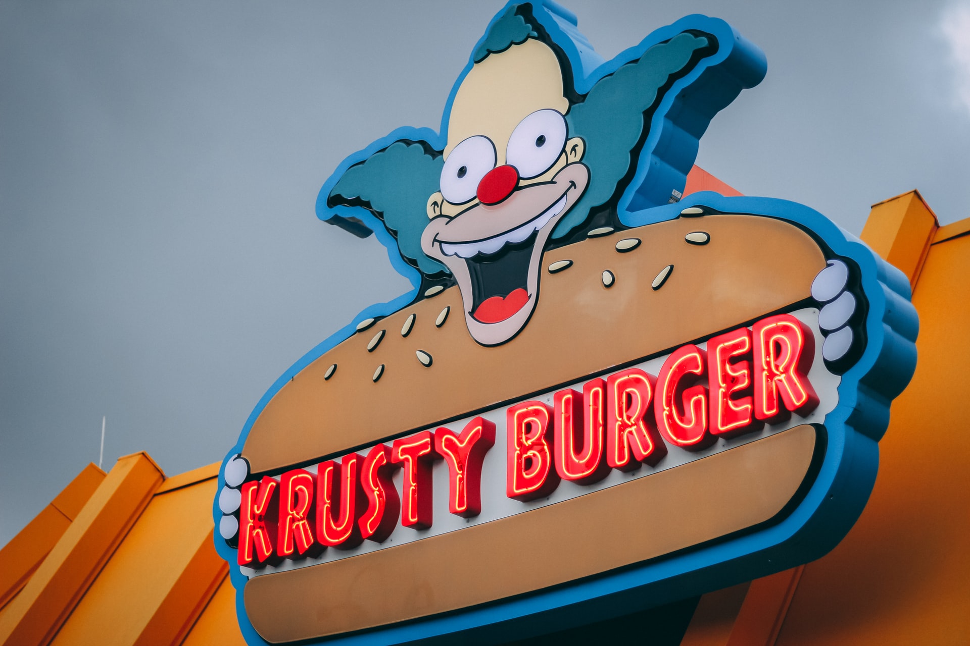 A sign for Krusty Burger at Universal Studios Hollywood in LA