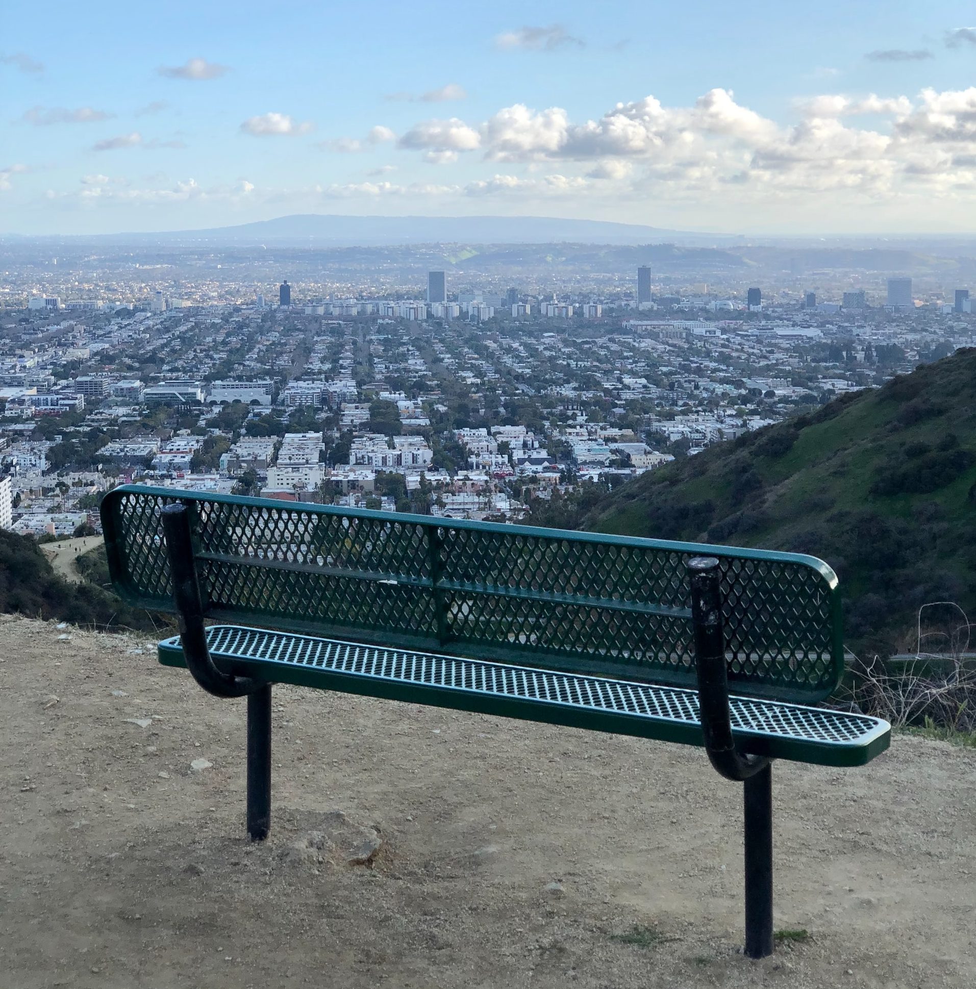 Bench in Runyon Canyon Park with view of LA