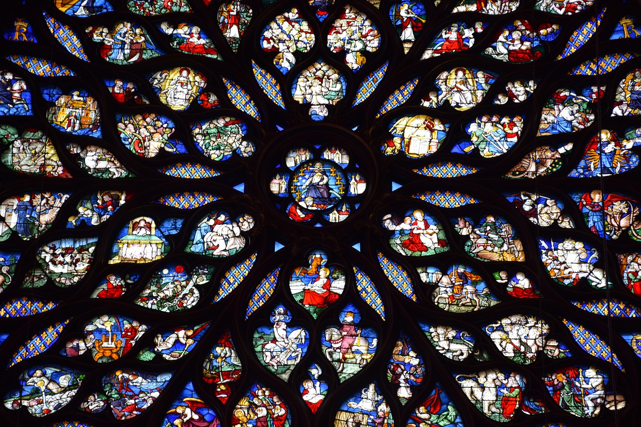 Closeup of Sainte-Chapelle scenes within the stained glass