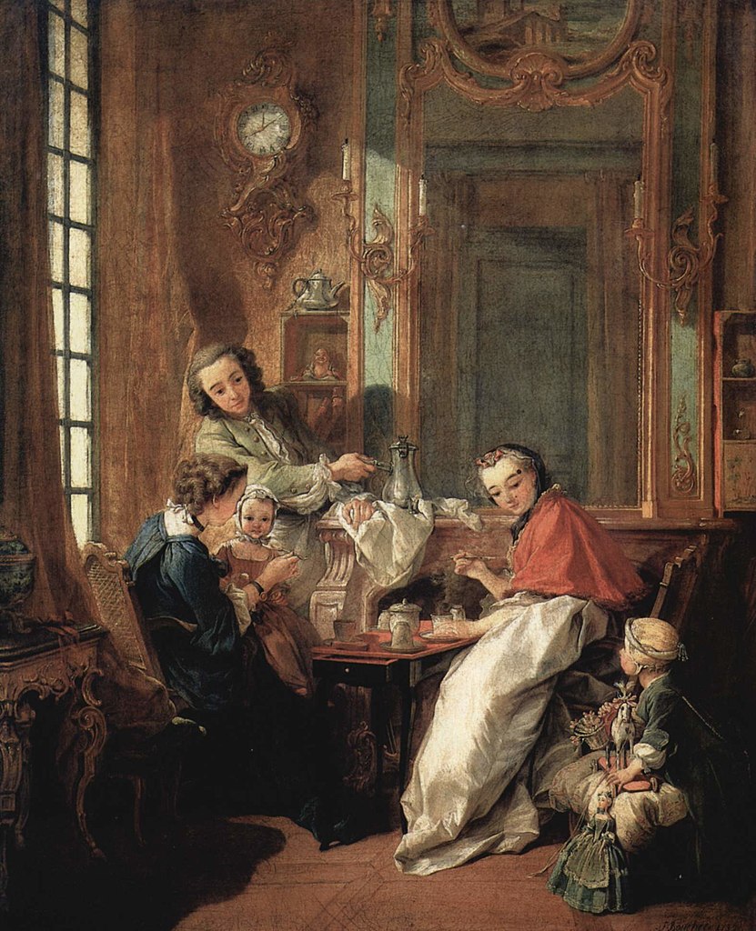 "Le Dejeuner," Family eating breakfast painting by Francois Boucher at the Louvre