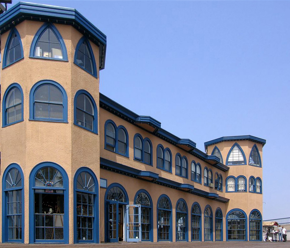 Santa Monica Pier hippodrome with Moorish architecture and blue windows
