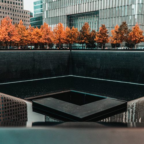 9/11 Memorial fountain at Ground Zero NYC