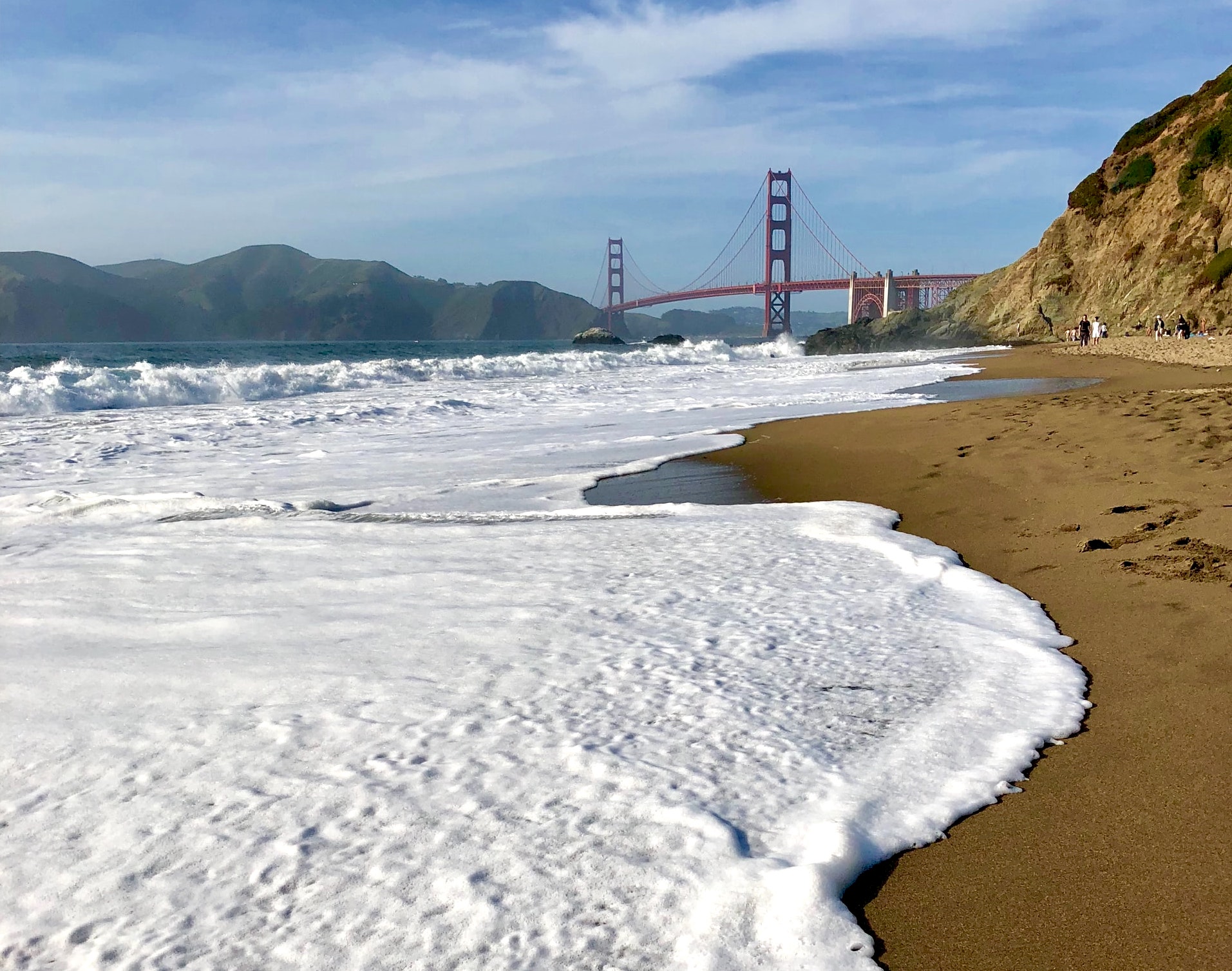 Baker Beach with waves in the foreground and Golden Gate Bridge in the distance as photographed from the Presidio of SF