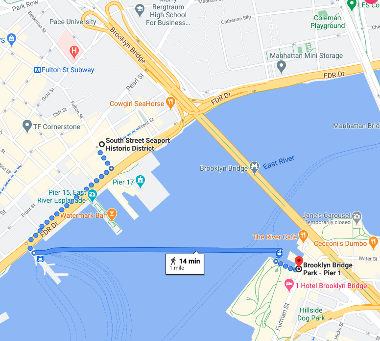 Google Map of a ferry to Brooklyn Bridge from Wall Street