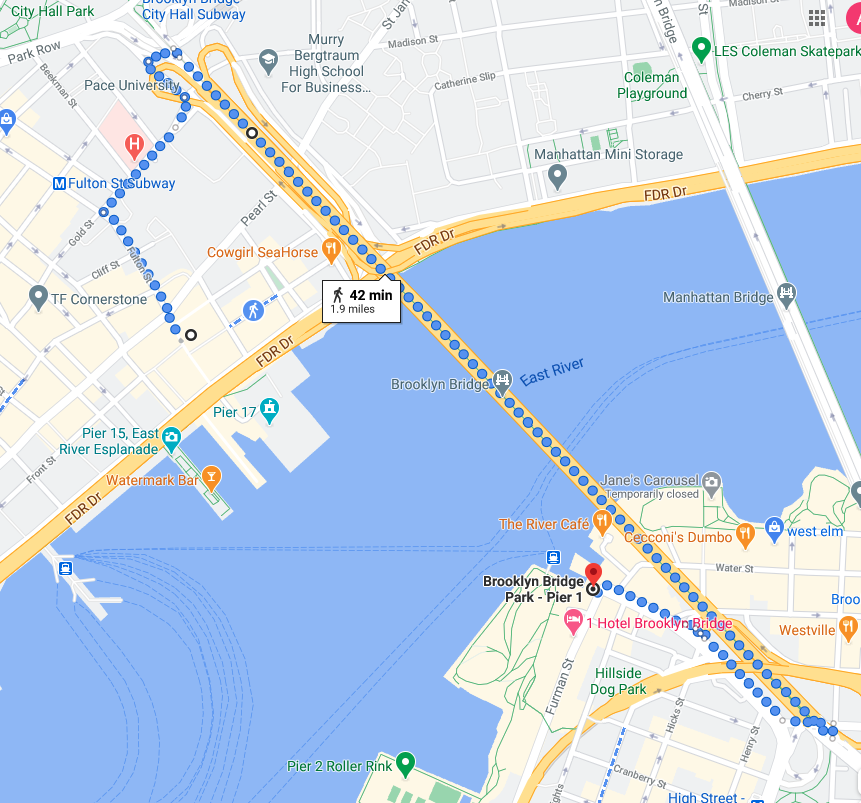 Google Map of your walk across Brooklyn Bridge for the one-day NYC itinerary