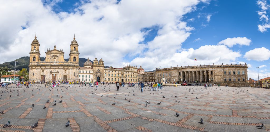 Panoramic view of Bolivar Square with Cathedral and Colombian National Capitol and Congress in Bogota, Colombia