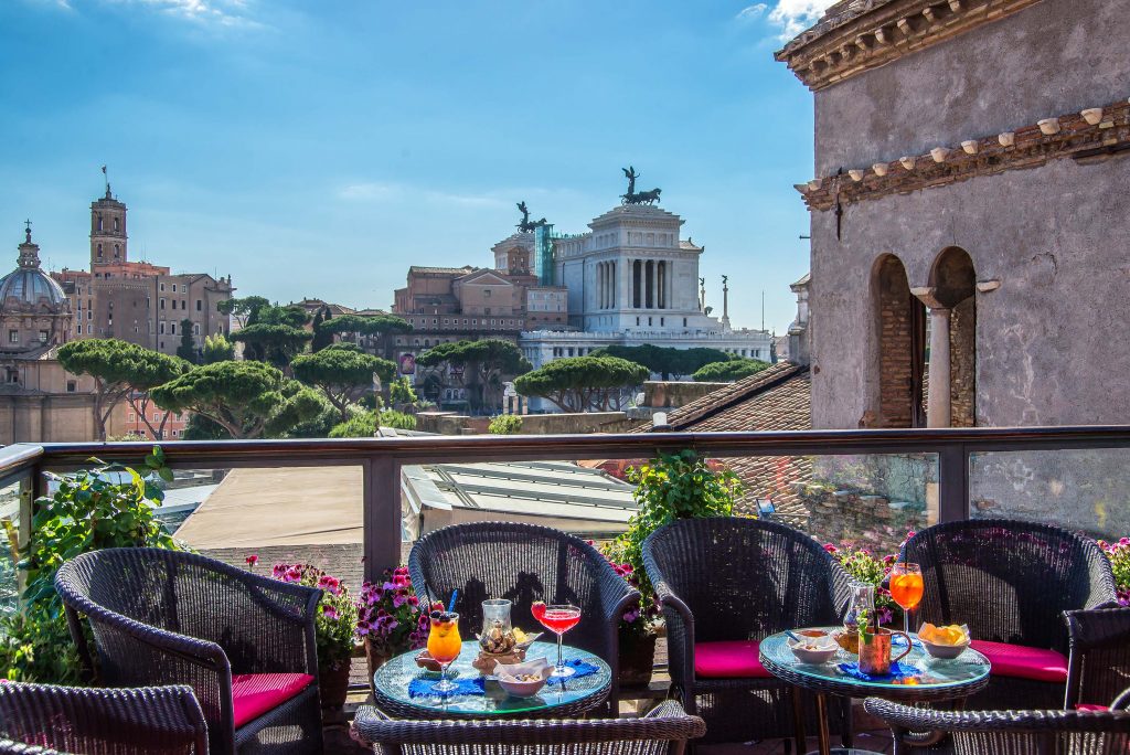 American Bar Hotel Forum rooftop restaurant with view of Rome