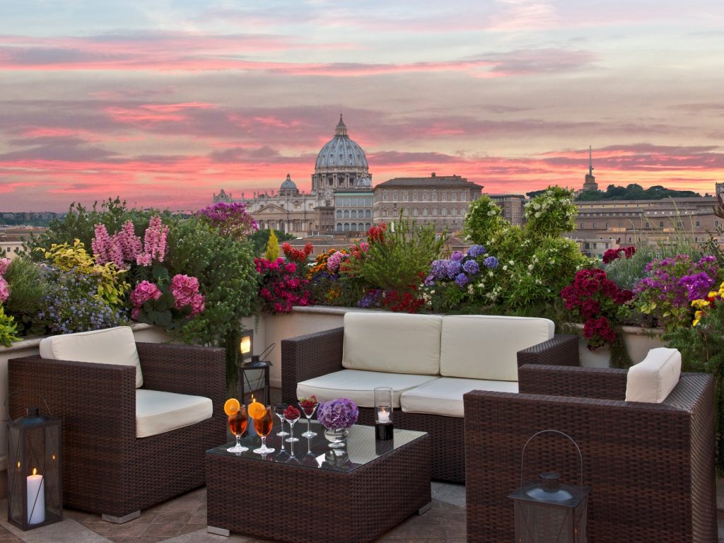 View of St. Peter's Basilica from Coffee Garden La Terrazza Paradiso, a rooftop restaurant in Rome