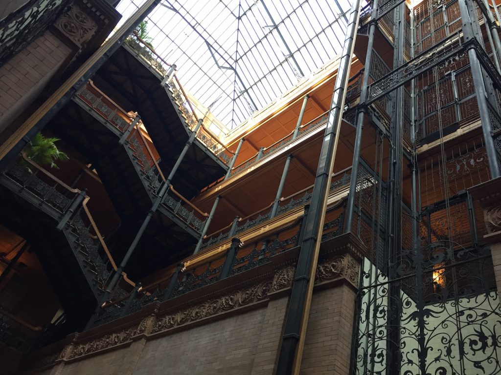 Bradbury Building interior with sunlit ceiling