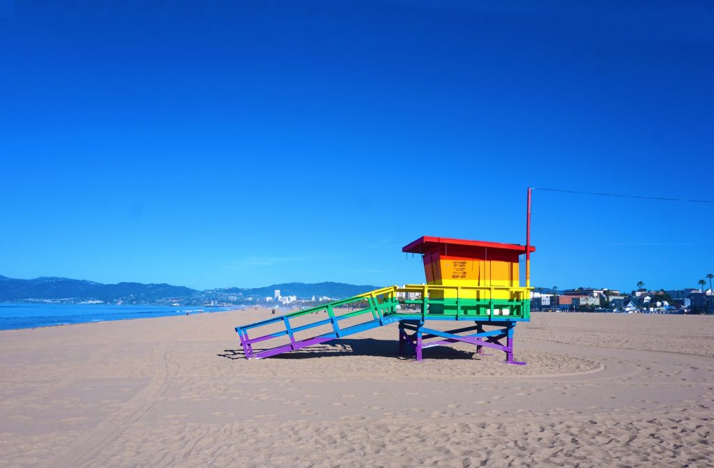 Rainbow-colored lifeguard stand in Venice Beach CA