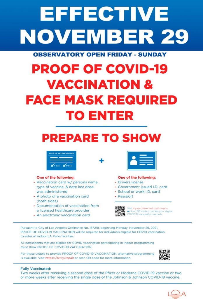 Vaccine Requirement Image https://griffithobservatory.org/visit/getting-here/#observatory