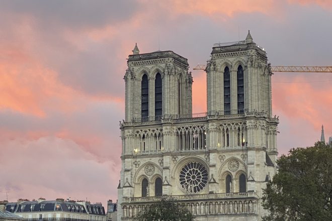 Notre Dame towers against a pink sky at sunset