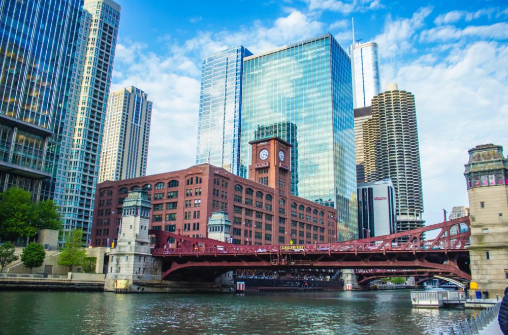 Chicago Riverwalk view of La Salle Street Bridge