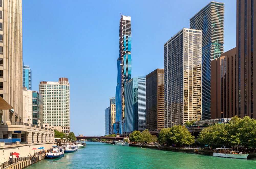 Chicago Riverwalk with architecture in background