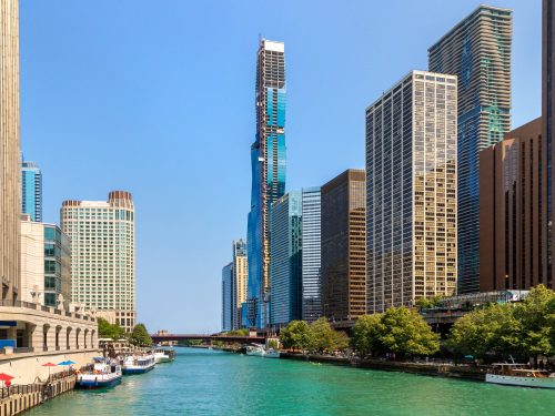 Chicago Riverwalk with architecture in background