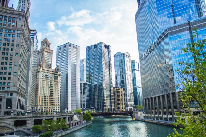 Chicago architecture seen from Riverwalk