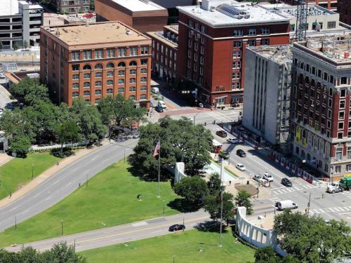 An aerial view of Dealey Plaza in Dallas seen from Reunion Tower