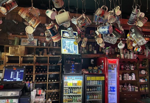 Mugs hanging from the ceiling in a Las Vegas hangout downtown