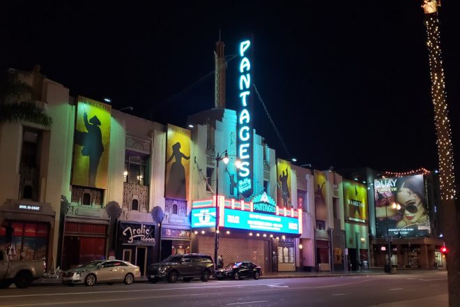 Theater in LA at night for a walking tour
